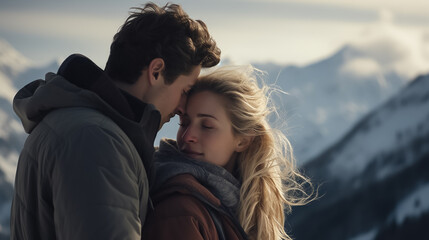 Happy young couple in love against the backdrop of Mountain winter snowy landscape. Close-up shot.