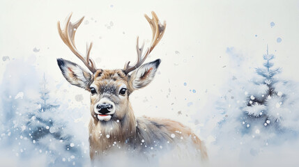 Digital painting of a young deer in a snowy forest with falling snow. Winter landscape. Christmas concept. 