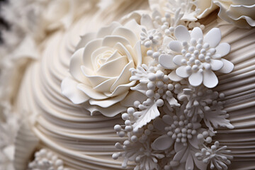 Close up of elegant flower sugar icing on white wedding cake