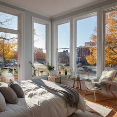 Small bedroom of row house with large window overlooking residential neighborhood