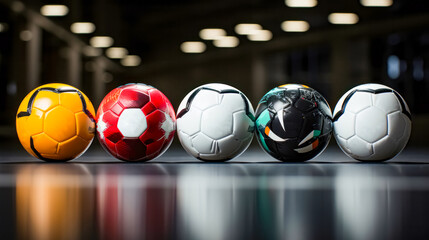 Soccer balls on the floor in front of shop window background.