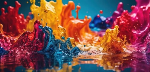  a group of multicolored liquid splashing on top of each other in a blue, green, yellow, red, and pink color scheme.