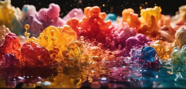  a group of multicolored gummy bears sitting on top of a table next to a puddle of water.