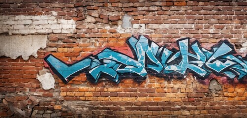  a brick wall with graffiti on it and the word war written in blue on the side of the brick wall.