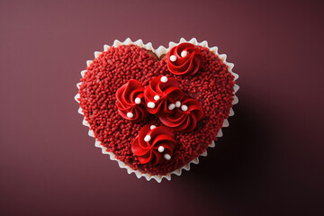A heart shaped red velvet cupcake against a burgundy red fading background - obrazy, fototapety, plakaty
