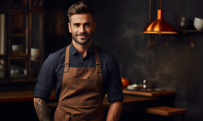 Male barista using apron with smiling face coffee shop background - obrazy, fototapety, plakaty