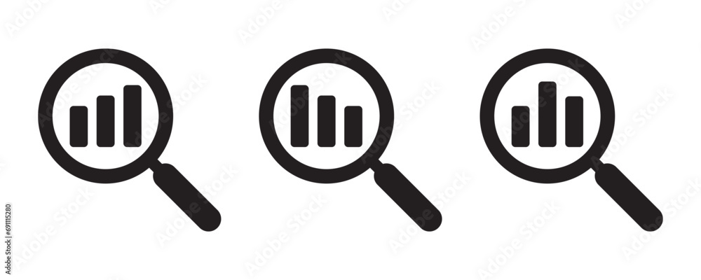 Poster set of analytic icon. finance monitoring. analysis and statistics data sign. magnifying glass with b