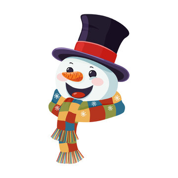 Portrait of a cute cheerful snowman in a top hat and a warm scarf. Traditional character, symbol of Christmas and New Year. Cartoon style. Vector illustration.