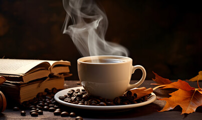 Background of coffee beans and a cup of coffee with books and glasses around it