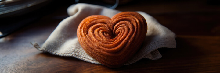 A Cinnamon Brown Heart Shaped Cinnamon Roll on a Table Color Theme
