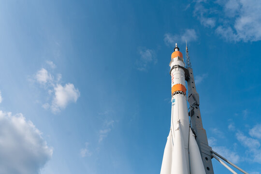 Russian space transport rocket. Real Soyuz spacecraft as monument in summer sunny day. Samara, Russia - 30 Sep 2023