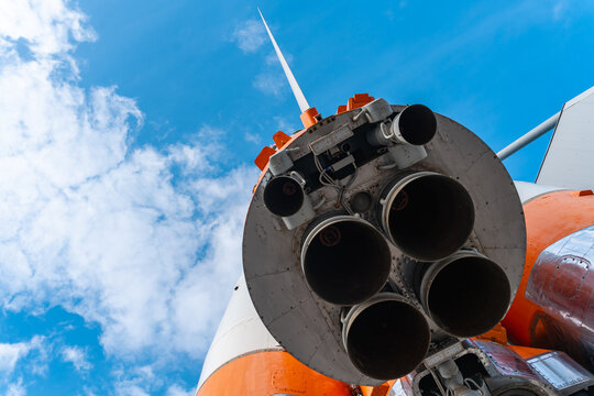 Russian space transport rocket. Real Soyuz spacecraft as monument in summer sunny day. Samara, Russia - 30 Sep 2023