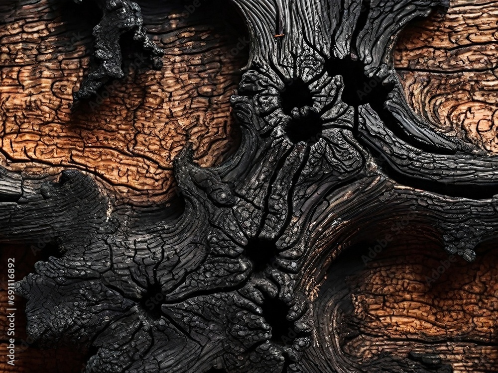 Poster a background of texture of wood burned after a fire with generative ai