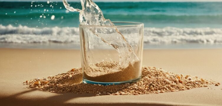  a glass filled with water sitting on top of a sandy beach next to a wave crashing in to the ocean.