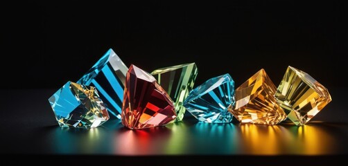  a group of different colored diamonds sitting on top of a black surface in front of a black backround. - obrazy, fototapety, plakaty