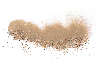 Sand pile scatter with small pebbles isolated on white background and texture, with clipping path, top view