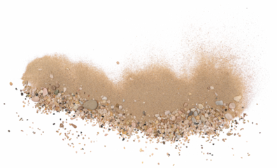 Sand pile scatter with small pebbles isolated on white background and texture, with clipping path, top view