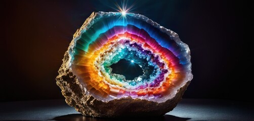  a multicolored rock with a star burst in the middle of the rock and a black background behind it.