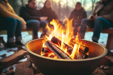 Fire pit close-up on blurred happy friends background. Winter party outside