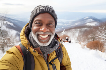 Fototapeta na wymiar Happy mature african american hiker man taking selfie portrait on top of a snowy mountain