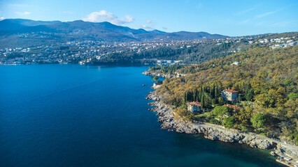 Fototapeta na wymiar Hilton Rijeka Costabella Beach, Opatija, hotel, coast, aerial view, Croatia