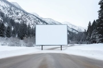 Blank white empty billboard mockup sign in snowy mountain road for advertising, marketing