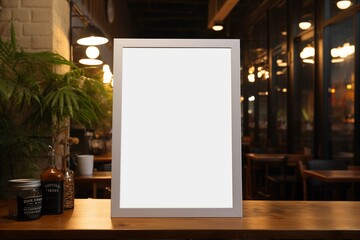 Blank white empty menu digital sign poster mockup in restaurant, bar, pub - obrazy, fototapety, plakaty