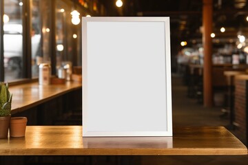 Blank white empty menu digital sign poster mockup in restaurant, bar, pub