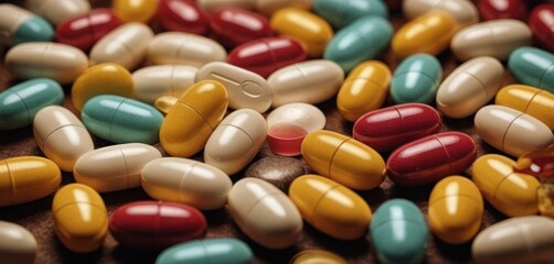  a pile of multicolored pills sitting on top of a pile of brown and green pills on top of a table.