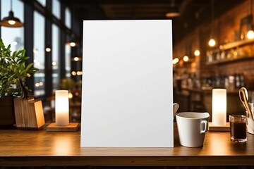 Blank white empty menu digital sign poster mockup in restaurant