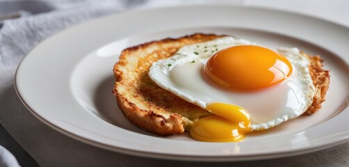  a close up of a plate of food with a fried egg on top of a piece of toast with an egg yolk on top.