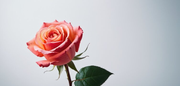 a single pink rose with green leaves on a white background with copy - space in the middle of the image.
