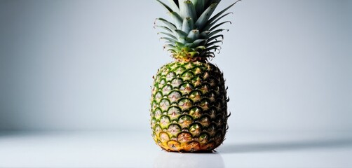  a close up of a pineapple on a white table with a light back ground and a white wall in the background.