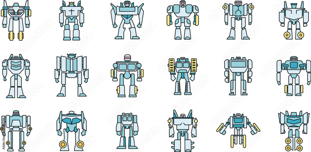 Poster futuristic robot-transformer icons set. outline set of futuristic robot-transformer vector icons thi