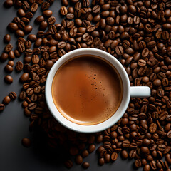 Fototapeta premium pile of coffee beans with a cup of glass seen from above wooden background copy space