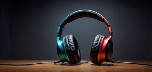  a pair of headphones sitting on top of a wooden table in front of a black background with a red, green, and blue stripe.