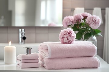 Fototapeta na wymiar Folded bath towels and décor in a bathroom