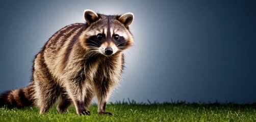  a raccoon standing in a grassy field with a blue sky in the background and a dark sky in the background.