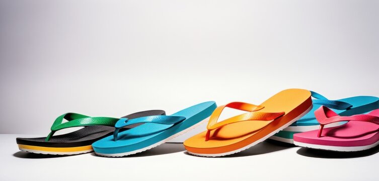  four pairs of colorful flip flops are lined up in a row on a white surface with a white background.