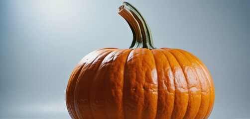  a large orange pumpkin sitting on top of a table next to a glass of orange juice with a straw sticking out of the top of it.
