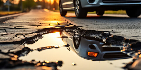 Close-up of a damaged asphalt road with a large pothole filled with water, reflecting sunlight near the wheel of a car, highlighting infrastructure issues - obrazy, fototapety, plakaty