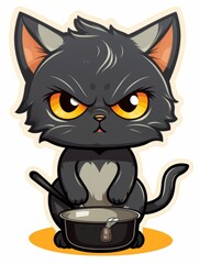 Cartoon sticker evil kitten in a kitchen pan, AI