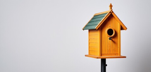  a yellow birdhouse with a green roof on a black pole with a white wall behind it and a white wall behind it.