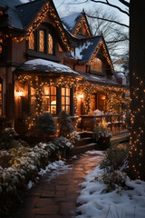 Fototapeta premium A photo of a house with a garden decorated with Christmas lights, it’s snowing, nighttime, cosy village