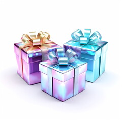 Obraz premium trendy holographic gradient modern three gift isolated on white background. Futuristic gift in the style of holographic, retro futurism, webpunk. Object in hologram color.Generative ai