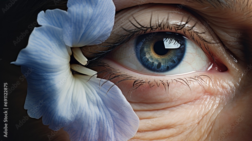 Poster  a close up of a person's eye with a flower in the iris