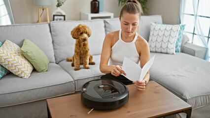 Young caucasian woman with dog reading instructions starting cleaner vacuum robot at home