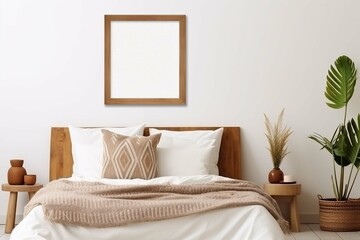 Vertical empty brown wood picture frame mockup in boohoo bedroom