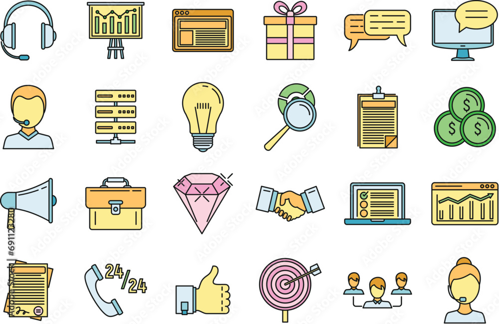 Poster crm platform icons set. outline set of crm platform vector icons thin line color flat on white