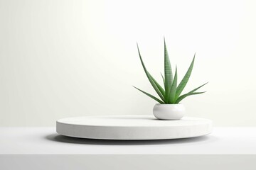 White stone product display podium stand with aloe Vera on white background. 3D rendering
